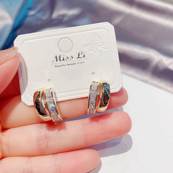 NEW YELLOW GOLD PLATED DIAMOND DOUBLE HOOPS - Picture 3 of 4